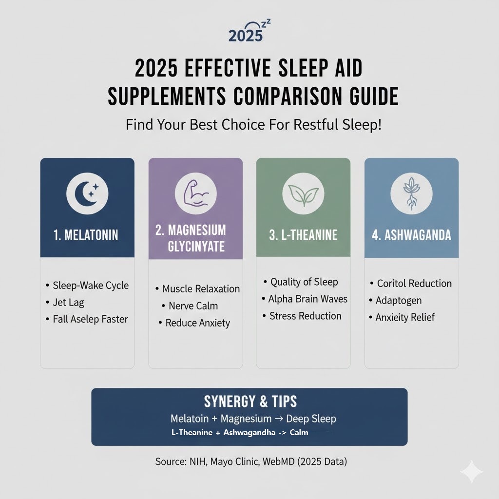 2025년 주요 수면 보조제 4가지(멜라토닌, 마그네슘 글리시네이트, L-테아닌, 아슈와간다)의 특징과 효과를 비교한 영문 인포그래픽. 수면 주기 조절, 근육 이완, 스트레스 감소 등 각 성분별 장점과 함께 숙면을 위한 성분 조합(시너지 팁) 정보를 포함함