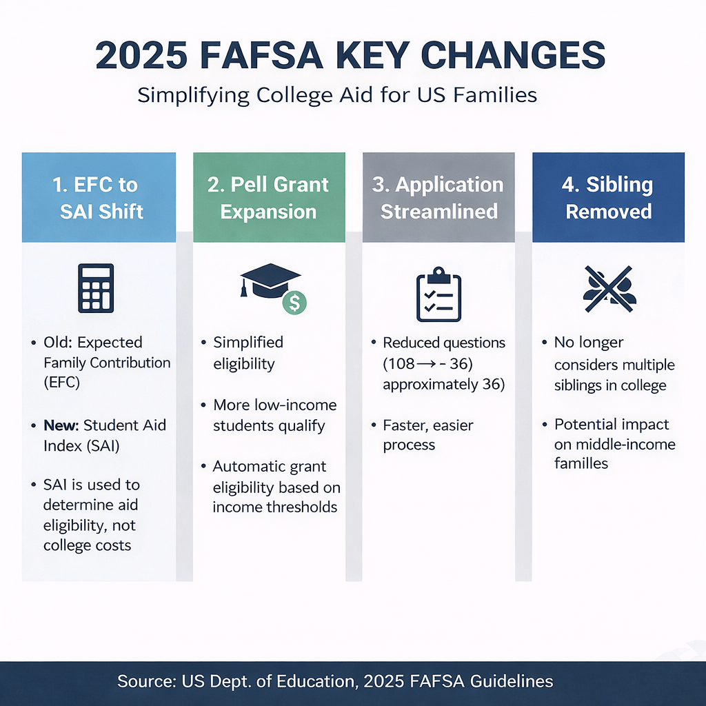 Infographic summarizing the 2025 FAFSA 제도 변경 – Key updates on SAI shift, Pell Grant expansion, and application streamlining for US college aid.