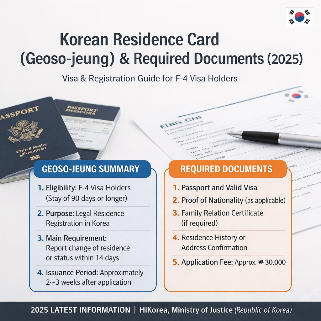 2025년 재외동포 국내거소신고(거소증) 및 필요 서류 안내 인포그래픽. F-4 비자 소지자의 자격 요건, 체류지 변경 신고(14일 이내), 발급 기간(2~3주)과 함께 출생증명서, 국적상실 증빙, 가족관계증명서 등 필수 제출 서류 리스트를 영문으로 상세히 설명함