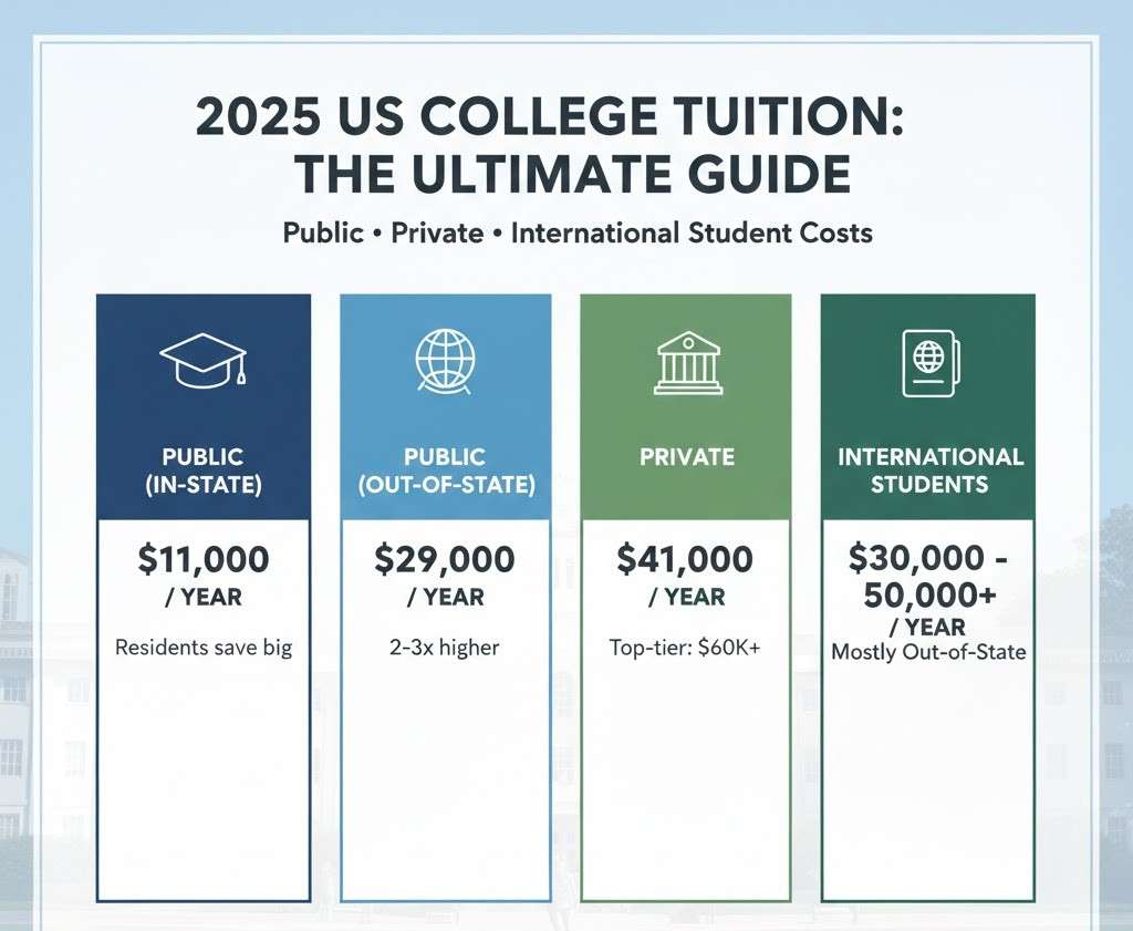 2025년 미국 대학 등록금 가이드 인포그래픽. 주립대 거주자 $11,000, 주립대 비거주자 $29,000, 사립대 $41,000, 국제 학생 $30,000~$50,000 이상의 연간 비용 비교 및 총비용 요약.