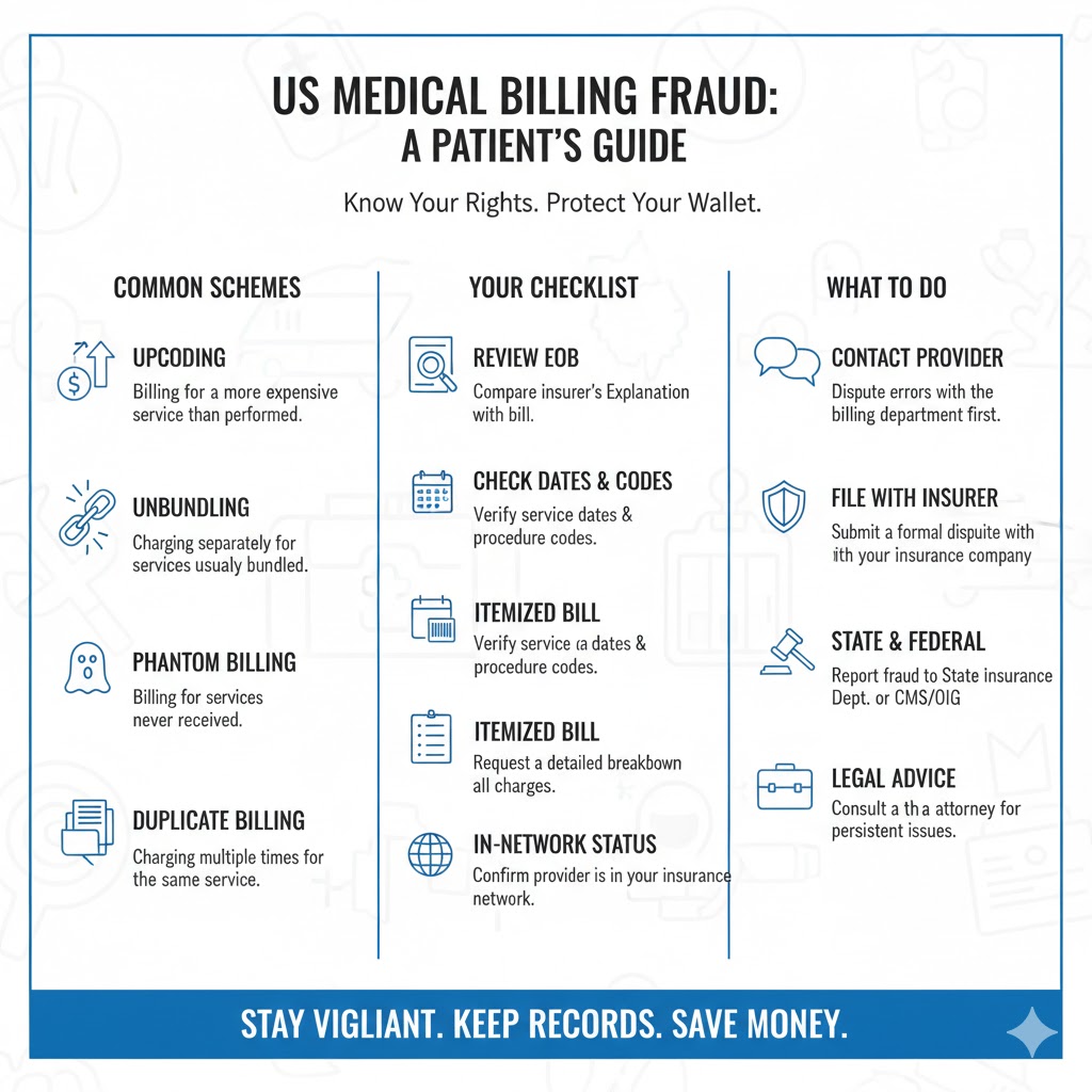 미국 의료비 청구 사기(Medical Billing Fraud)로부터 환자를 보호하기 위한 가이드 인포그래픽. 업코딩, 분리 청구 등 주요 사기 유형과 EOB 확인 및 세부 청구서 요청 등의 체크리스트, 그리고 보험사 이의 제기 및 법적 조언 구하기와 같은 단계별 대처 방법을 정리한 이미지