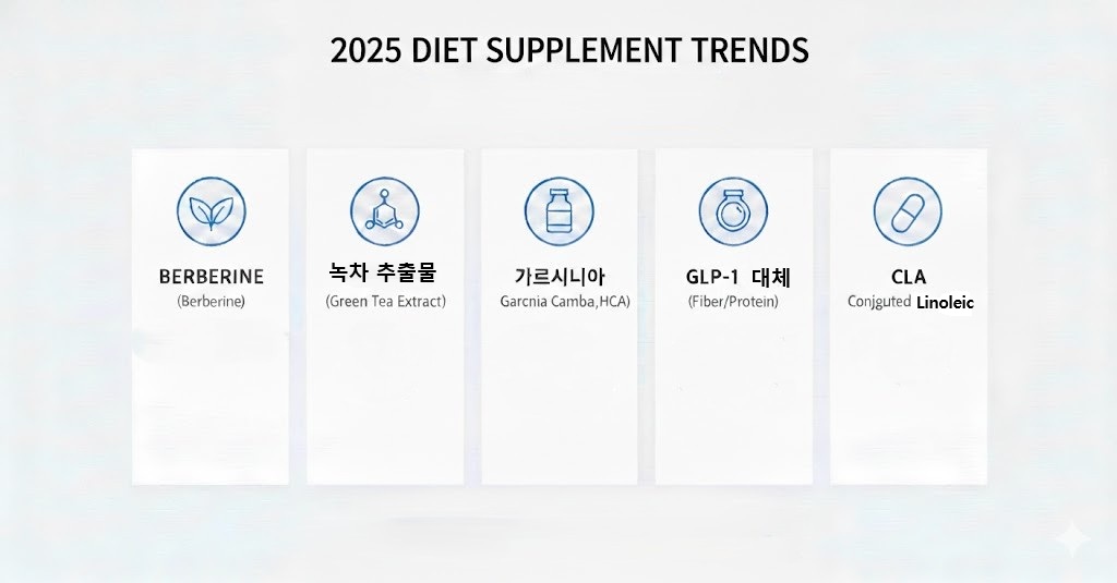 2025년 다이어트 보조제 트렌드를 정리한 인포그래픽: 베르베린, 녹차 추출물, 가르시니아, GLP-1 유사 성분(식이섬유/단백질), CLA 등 5가지 선택 가이드를 시각적으로 나타낸 이미지