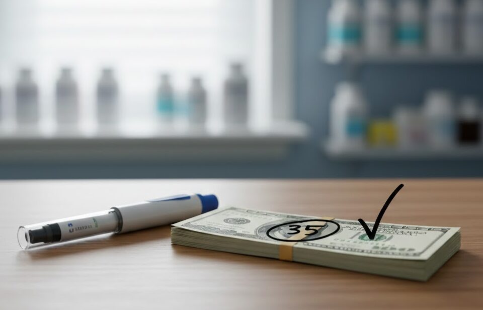 책상 위에 놓인 인슐린 펜과 35달러 상한제를 상징하는 지폐 뭉치 일러스트