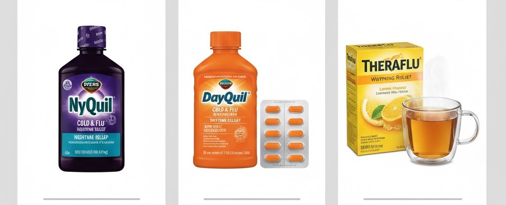 미국 대표 감기약인 나이킬(NyQuil), 데이킬(DayQuil), 테라플루(Theraflu) 제품 패키지 비교 이미지