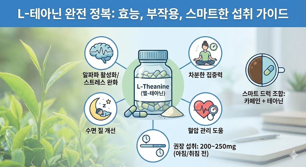 L-테아닌의 효능과 부작용, 섭취 가이드를 상징하는 이미지