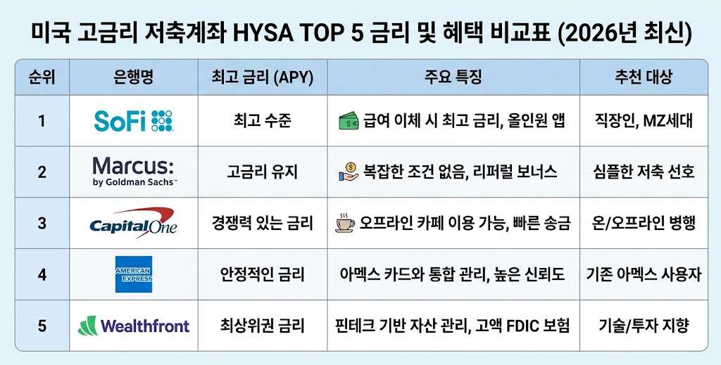 [2026 최신 가이드] 미국에서 안 쓰면 손해! 고금리 저축계좌(HYSA) TOP 5 완벽 비교