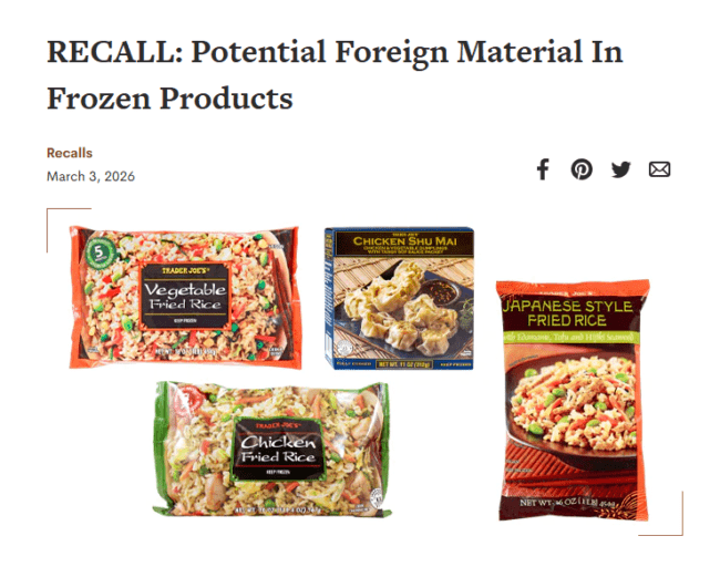 Trader Joe’s Recall 2026: 냉동 볶음밥 및 만두 유리조각 검출 대규모 리콜 정보 및 환불 가이드